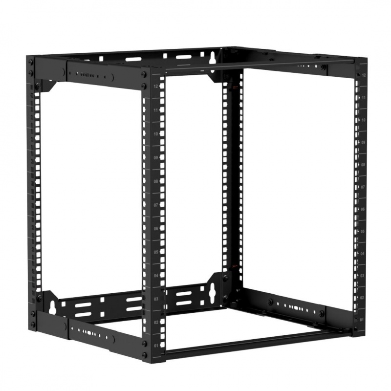 19" в глубину регулируемый стеллаж с открытой рамой - 12 единиц - 300 ~ 450 мм Черный