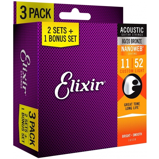 16538 80/20 Bronze Acoustic Guitar Strings with Nanoweb Coating, 3-Pack 11-52